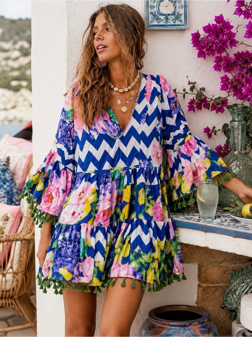 Antics Sartorial Giacomo Cinque Floral Chevron Tassel Mini Dress